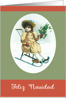 Feliz Navidad, Spanish Merry Christmas, Girl on sleigh with Holly card