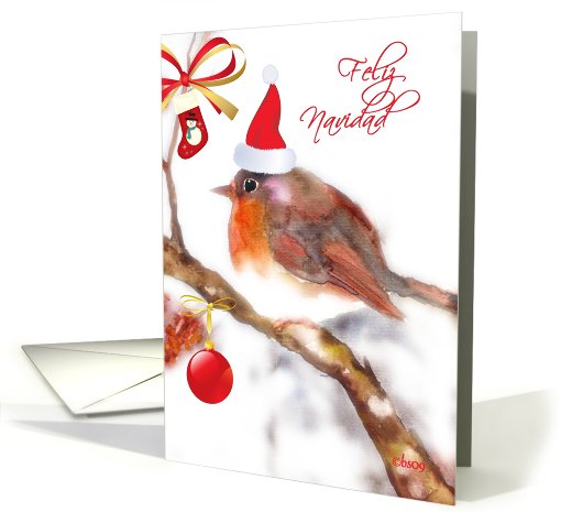 feliz navidad spanish merry christmas card  robin with hat card