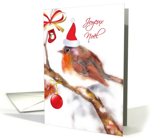 joyeux noel french merry christmas card  robin with hat card (533301)