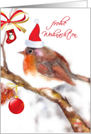 frohe Weihnachten German merry christmas card robin with hat card