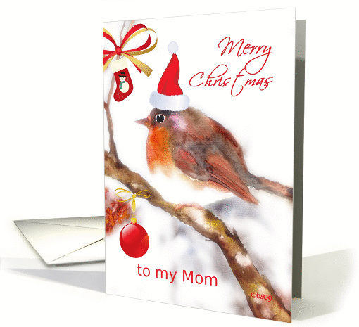 To my Mom, Merry Christmas, robin, stocking, glass ornament card