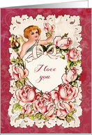 I love you, Vintage Design, Cupid, Heart and pink Roses card