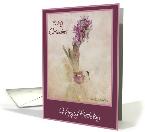 to my grandma happy birthday purple hyacinth in glass vase... (574134)