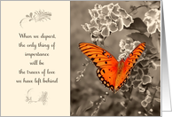 Traces of love left behind, Sympathy card, orange butterfly card