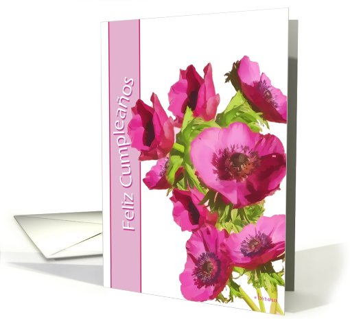 feliz cumpleanos spanish happy birthday pink anemone flowers card