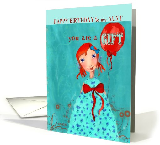 happy birthday to my aunt cute girl with balloon orange turquoise card