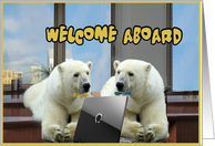 welcome aboard to the team new employee polar bear in the office with notebook card