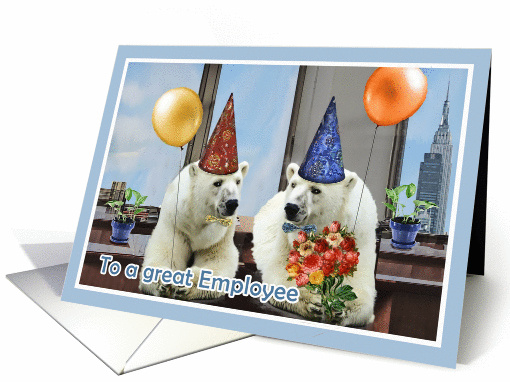 happy birthday to a great employee, polar bears with balloons card