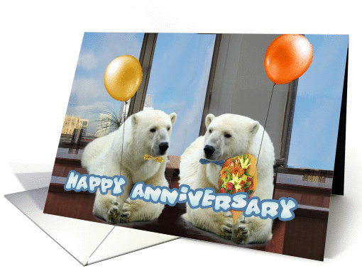 happy anniversary, office, polar bears with balloons card (630220)