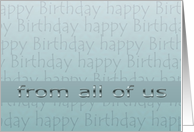 happy birthday from all of us, silver grey letters, business card
