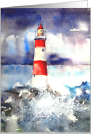 lighthouse in storm watercolor painting card