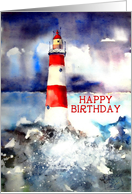 happy birthday lighthouse watercolor painting card