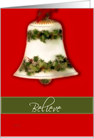 believe, christian christmas card, bell, red green card