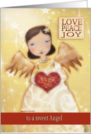 love, peace, joy, christmas blessings to a sweet angel, folk art angel card