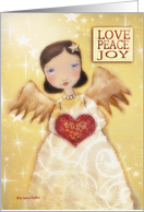 love, peace, joy, merry christmas, luke 2:10 bible, folk art angel card