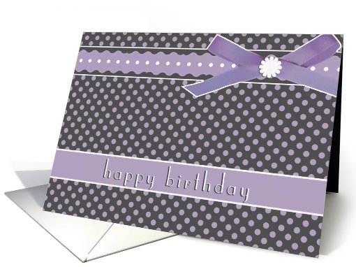 happy birthday, purple polka dots, ribbon & bow effect card (663653)