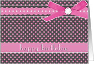 happy birthday, pink polka dots, ribbon & bow effect card