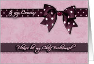 to my cousin, please be my chief bridesmaid, purple and pink, bow and ribbon effect card