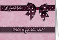 to my cousin, please be my flower girl, purple and pink, bow and ribbon effect card