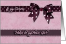 to my cousin, please be my flower girl, purple and pink, bow and ribbon effect card