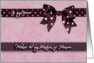 to my niece, please be my matron of honour, purple and pink, bow and ribbon effect card