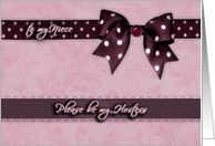 to my niece, please be my hostess, purple and pink, bow and ribbon effect card