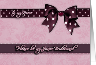 to my niece, please be my junior Bridesmaid, purple and pink, bow and ribbon effect card