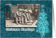 christmas blessings,christmas tree,blue,ribbon and bow effect card