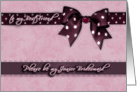 to my best friend, please be my Junior bridesmaid, purple and pink, bow and ribbon effect card