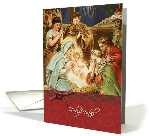 Feliz Natal, Portuguese Merry Christmas, Nativity, Ribbon effect card