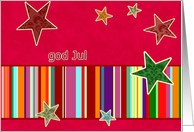 god jul, norwegian merry christmas, stars, stripes, bright red card