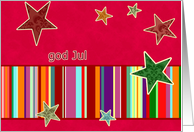 god jul, swedish merry christmas, stars, stripes, bright red card