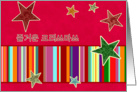 Korean merry christmas, stars, stripes, bright red card