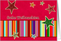 frohe weihnachten, german merry christmas card, stars, stripes, bright red card