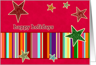 happy holidays, christmas card, stars, stripes, bright red card