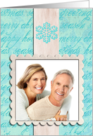 christmas photo card, teal blue snowflake card