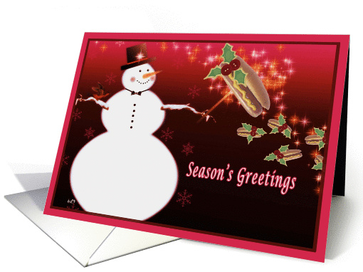 hot dog Christmas, season's greetings, snowman with hot dogs, red card