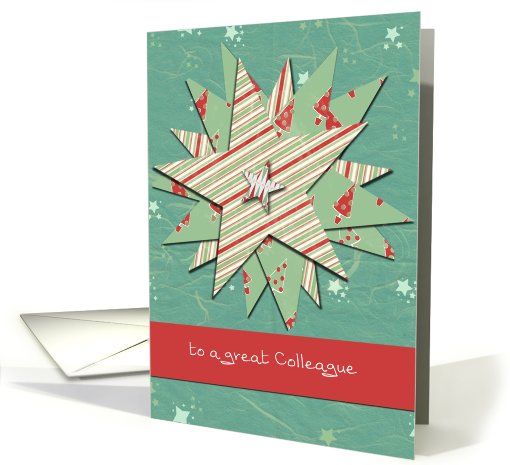 to a great colleague, christmas card, green and red stars card