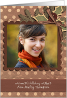 christmas photo card, holly & leaves,red and green card