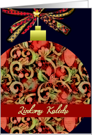 merry christmas in lithuanian, ornament, red green, card