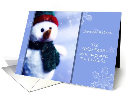 custom personalized christmas card, cute snowman, snowflakes card
