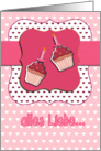 german happy birthday card, cupcake with candle, pink card