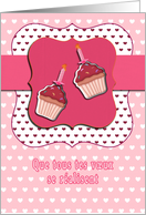 french happy birthday card, cupcake with candle, pink card