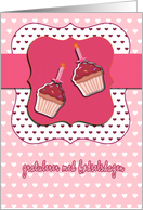 happy birthday in Norwegian, Norwegian birthday card, cupcake with candle, pink card