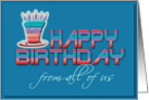 happy birthday from all of us, business card, cake and candles,blue card