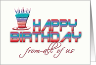 happy birthday from all of us, cake and candles,white card