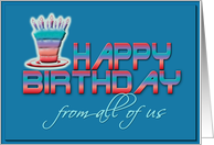 happy birthday from all of us, cake and candles,blue card