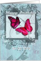 happy birthday to my twin sister, pink butterflies and swirls card