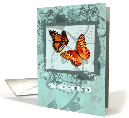 happy birthday in Vietnamese ,orange butterflies and swirls card