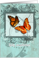 feliz cumpleanos,happy birthday in Spanish, spanish birthday card, orange butterflies and swirls card